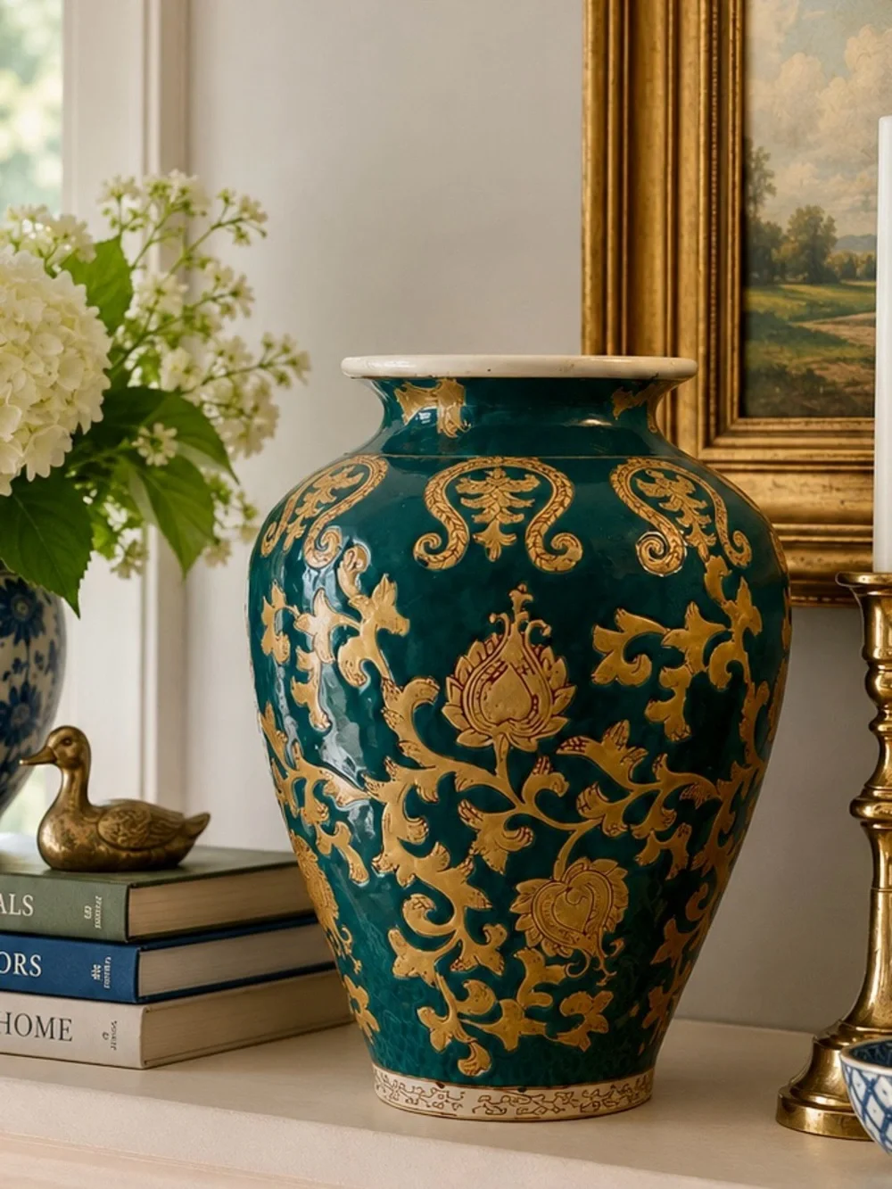 Vintage Chinese Teal, Red & Gold Ceramic Baluster Vase Chinoiserie Opulent
